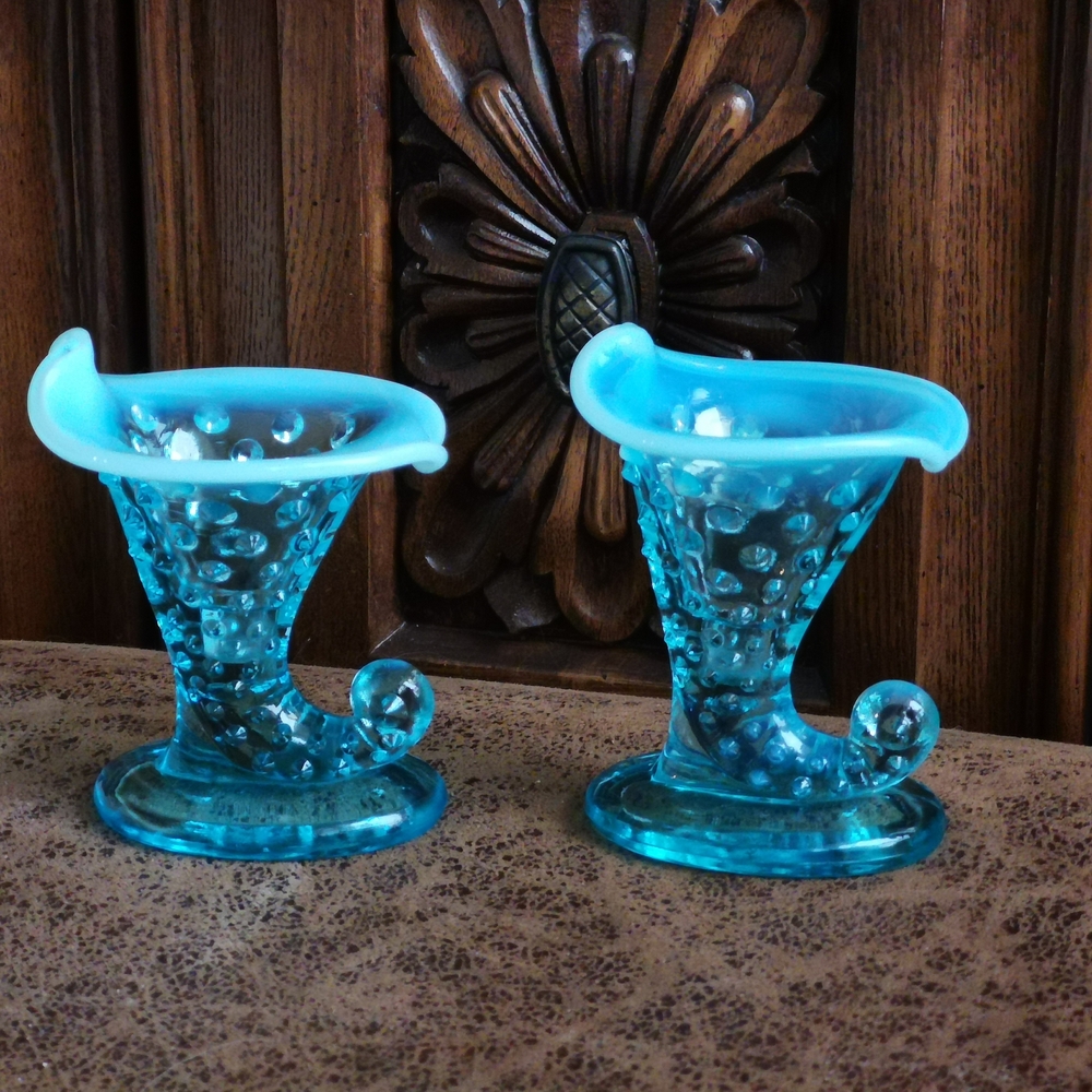 Pair of Fenton Blue Opalescent Hobnail Glass Cornucopia Vases